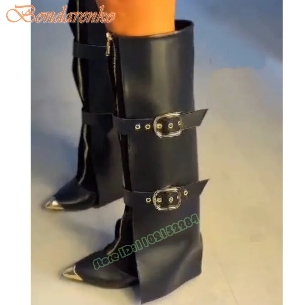 Metal Pointy Toe Boots Buckles Straps Zipper Trouser Boots Stiletto Heels Knee High Women Sexy Shoes New Spring Leather Cut Outs