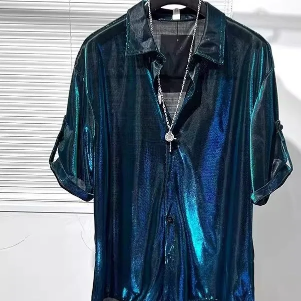 

Summer Men's Oversized Shirt Glitter Short Sleeve Drapey High-End Feeling Cool Trendy Fashionable Korean Style Polyester Fiber