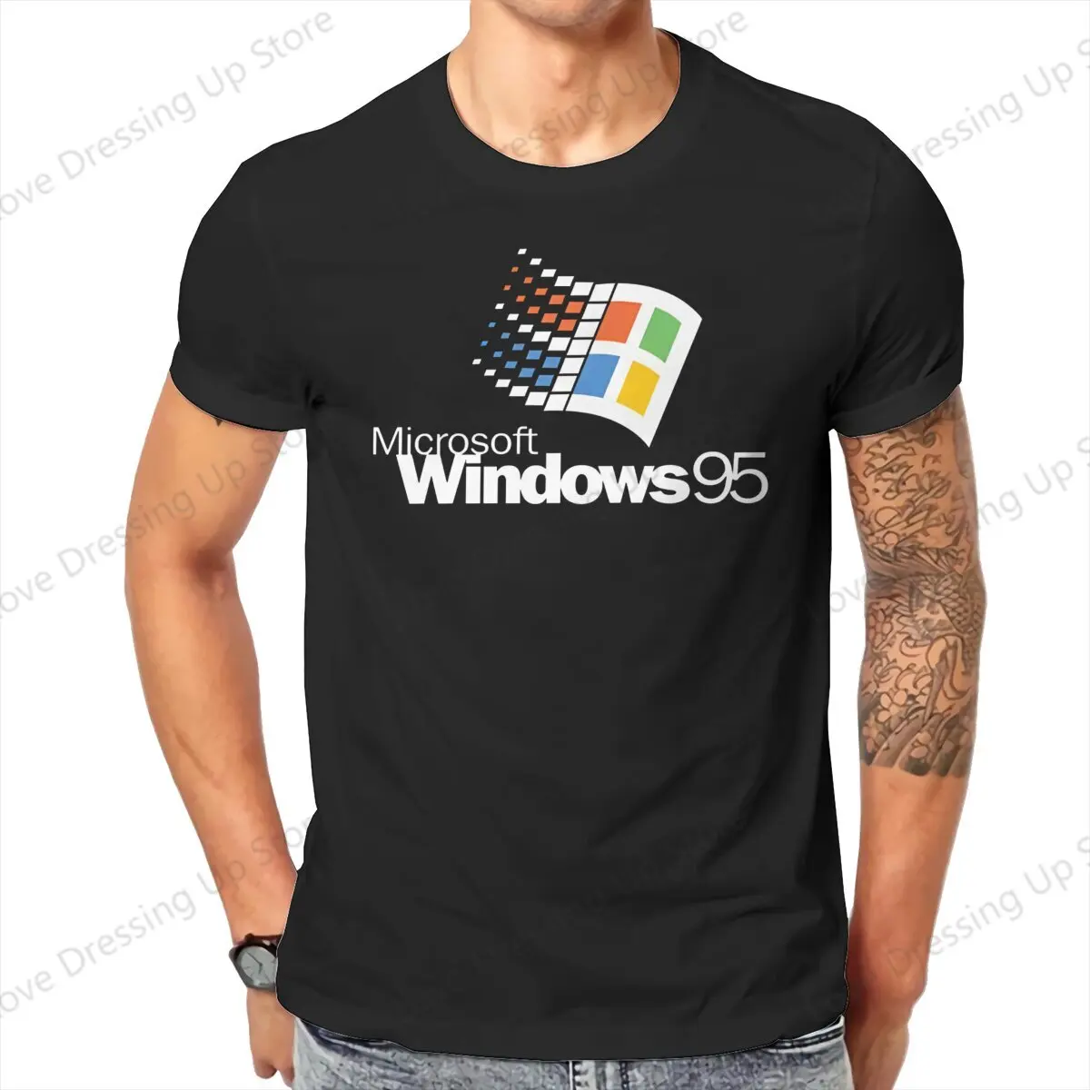 White Black Background Windows 95 Computer System Accessories T Shirt Graphic Crewneck COTTON  Clothing