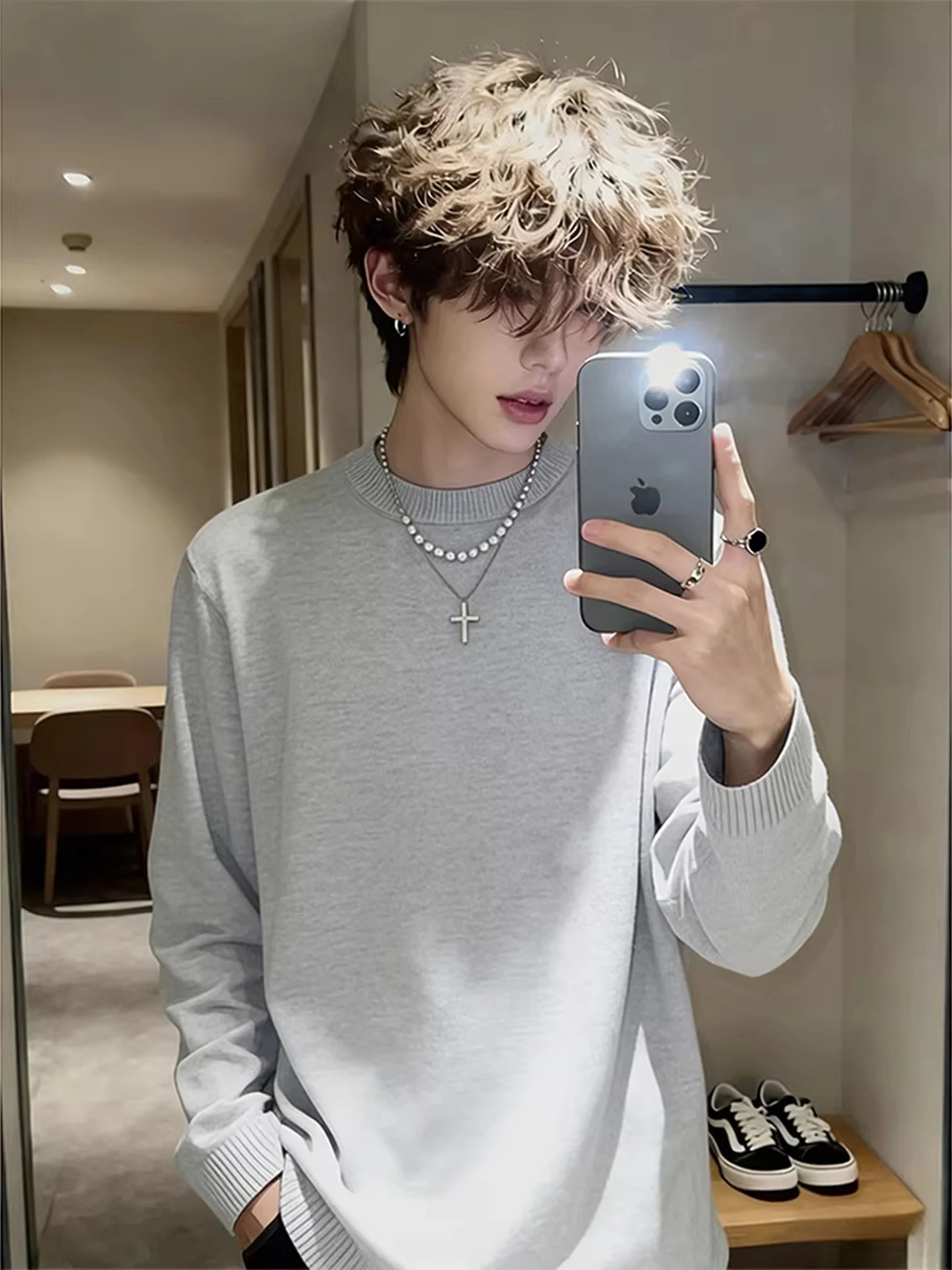 

American Retro Soft round Ne Knitwear Men's Autumn Winter Lazy Loose Fit Fce Lined Warm Inner Wear Top Clean Fit Sle