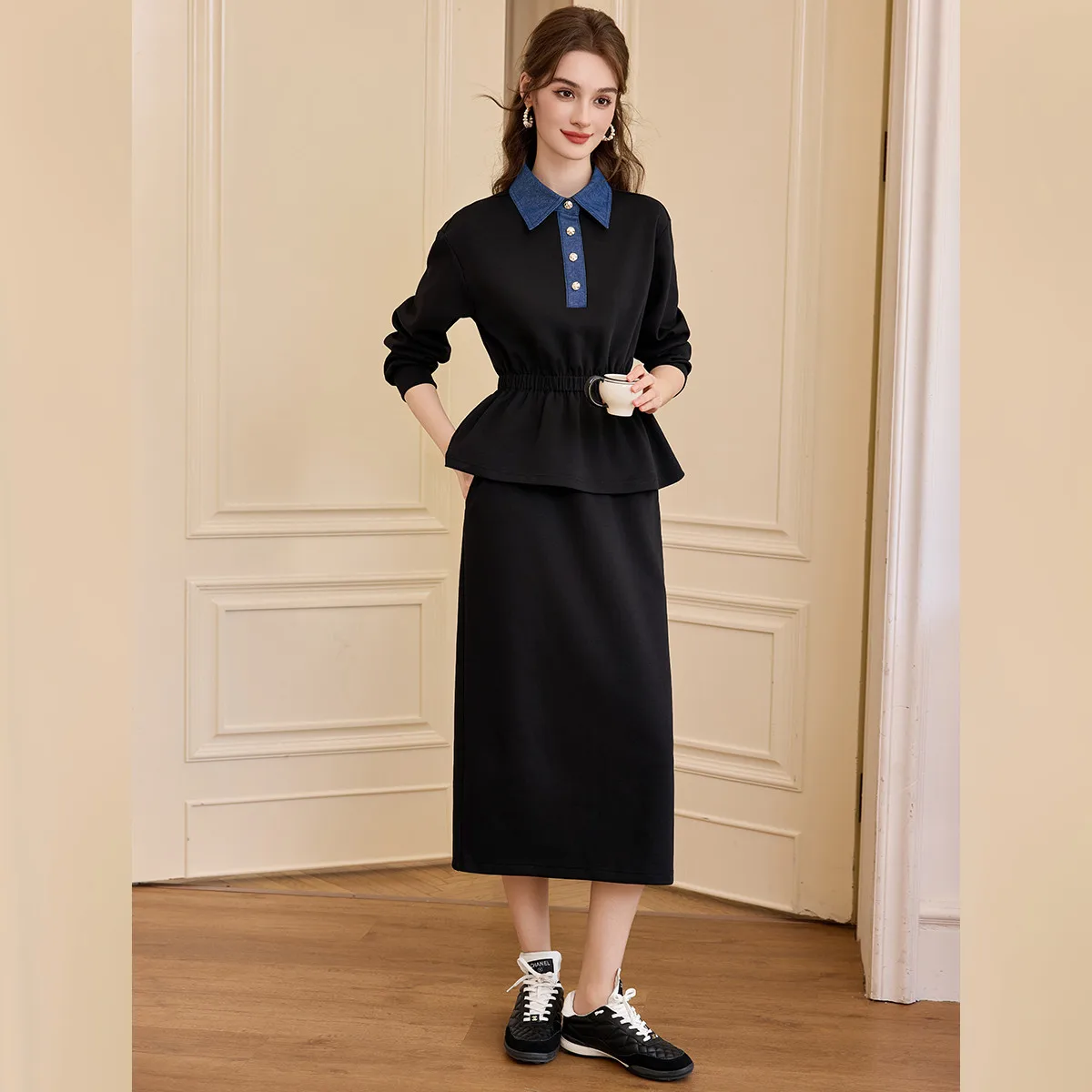 LOUIS YAO Color-Block Two-Piece Set 2025 Autumn Knitted Micro Elastic Fitted-Waist Splicing Knit Hoodie & Midi Skirt Women's Set