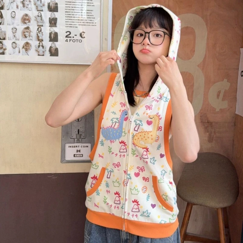 Japanese Anime Subculture Y2K Graffiti Hooded Women's Waistcoat Original Design Sweet Cute Age-Reducing Sleeveless Jacket Ladies