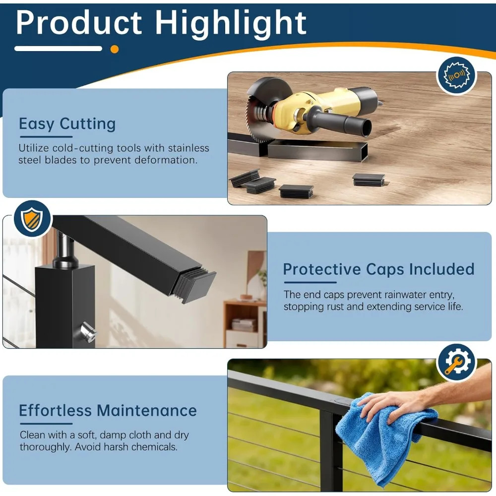 درابزين أسود من الفولاذ المقاوم للصدأ 304 خارجي مطور لأنظمة درابزين الكابلات، عبوتان، 3/64 سكة مستطيلة مسطحة، Dur #4