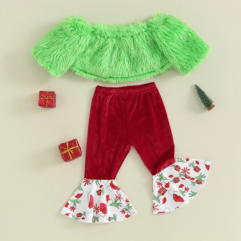 

Suefunskry Girls Christmas Set, Short Sleeve Off-shoulder Furry Tops with Velvet Flower Patchwork Flared Pants XMAS Outfit 1-5Y