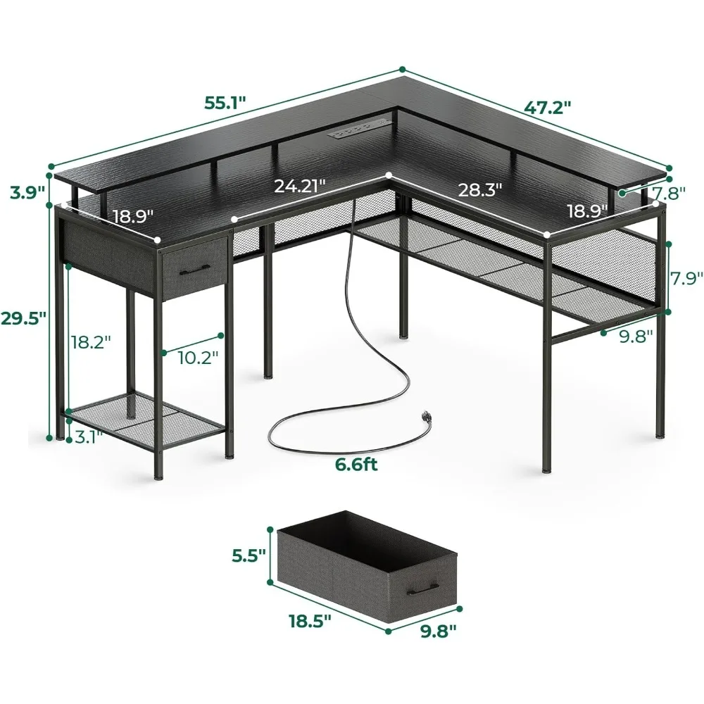 Shaped Desk Gaming Desk with LED Lights & Power Outlets, Computer Desk with Storage Shelves, Corner Home Office