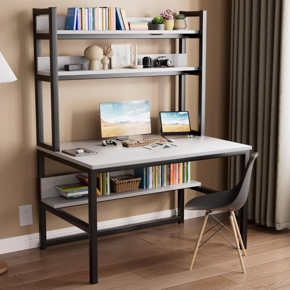 Computer Desk with Hutch and Bookshelf, 47 inch Wide White Home Office Desk with 3 Tier Storage Shelves