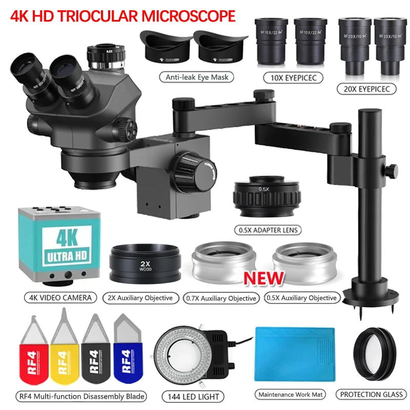 3.5-200X Simul-Focal Stereo Trinocular Microscope Set 4K 2K 1080P HDMI VGA USB TF Video Camera Clamp Folding Extension Type Base