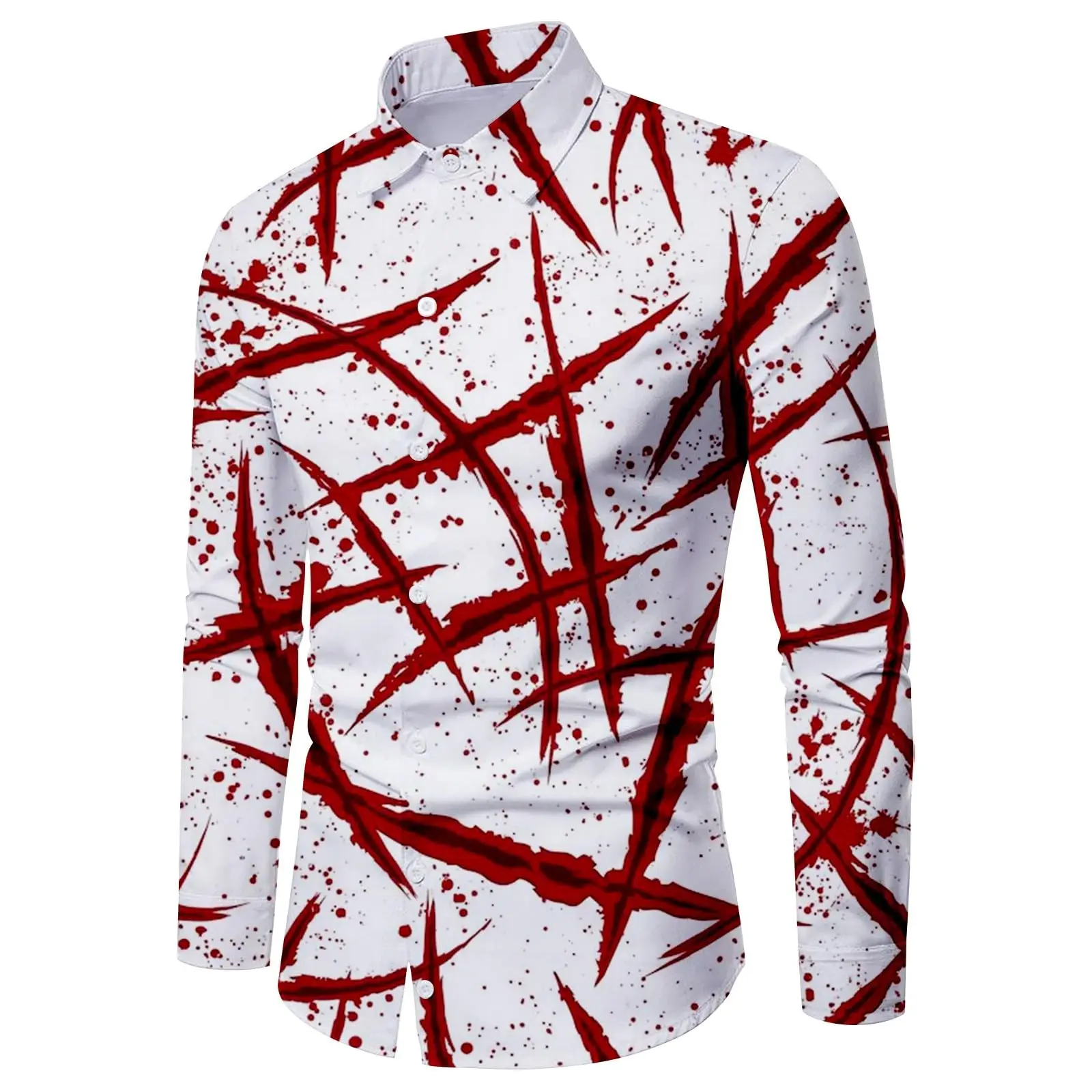 Men\'s Halloween Shirt Lapel Holiday Party Shirt Men\'s Casual Street Short Sleeve Fashion Simulation Wound Scar Print Shirt