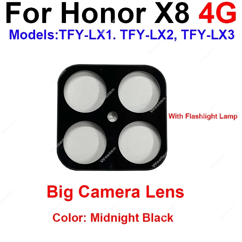 กระจกเลนส์ด้านหลังสำหรับ Honor X8 4G เลนส์กระจกกล้องถ่ายรูปหลัง LX3 LX2 TFY-LX1พร้อมสติกเกอร์อะไหล่ทดแทน