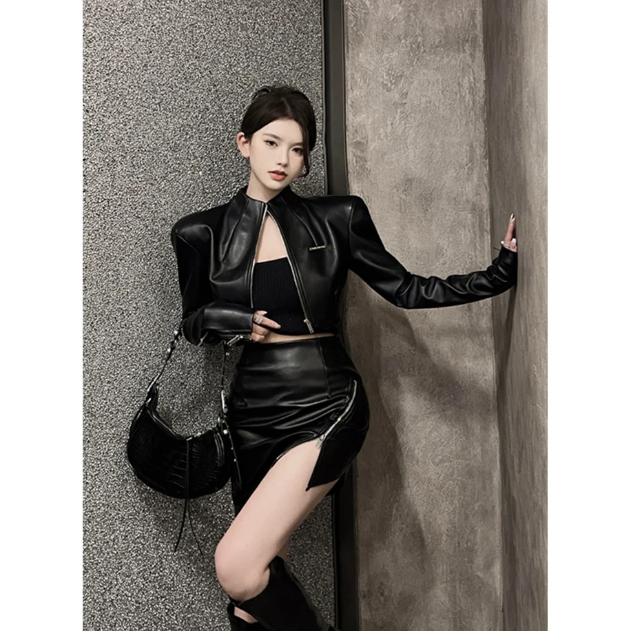 Black Standing Collar Leather Jacket Women\'s Spring and Autumn New Style Fashionable and High-end Loose Temperament Short A-line