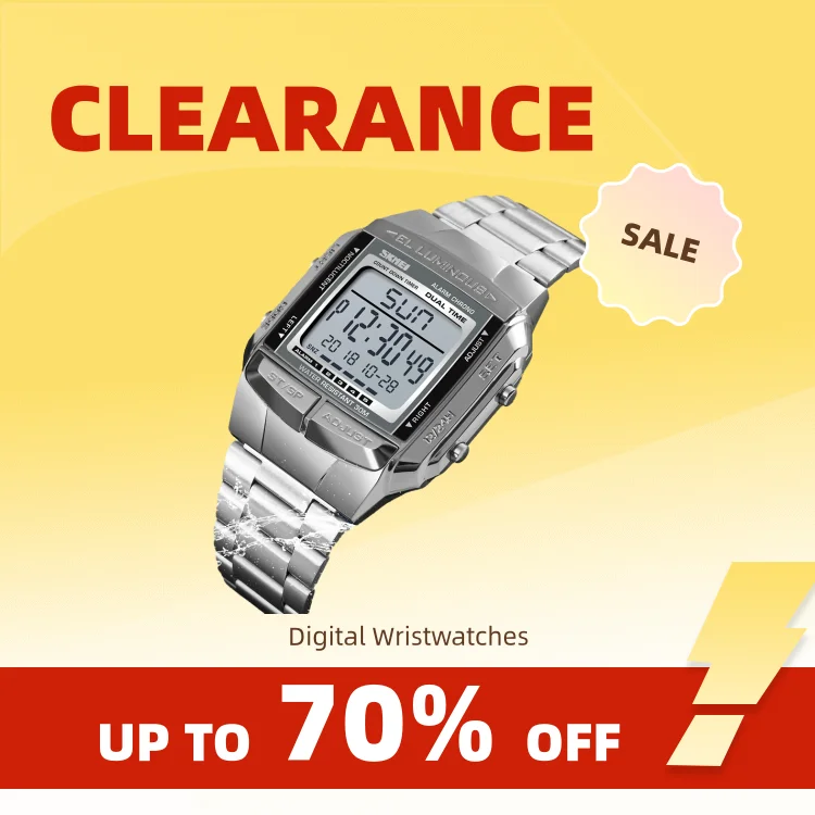 Clearance_SKMEI Fashion Back Light Digital Sports Watch Men Stainless Steel Strap Alarm Clock Countdown Glass Mirror Wristwatch