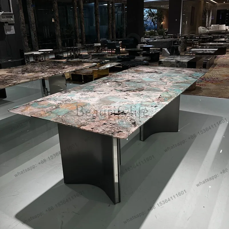 YJ green luxury stone dining table villa imported light luxury natural marble round table