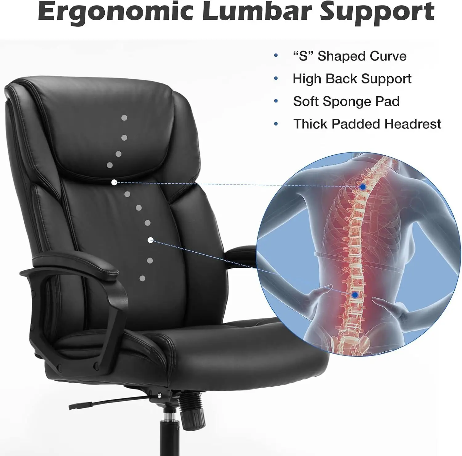 Comfy Heavy Duty Office Computer Chair Lumbar Back Support PU Leather Adjustable Height With Wheels