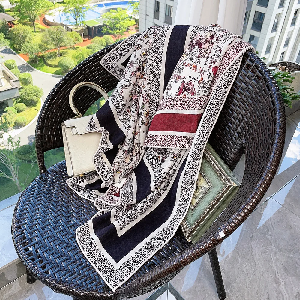 Butterfly silk wool square scarf double-sided printing black and red contrasting scarf silk wool, versatile shawl