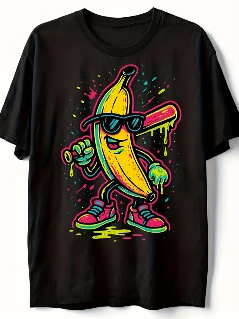 Men's & Women's Retro Neon Banana Batter T-Shirt With Drippy Bat Softball Baseball Graphic 220Gsm Pure Cotton Short-Sleeve Tee