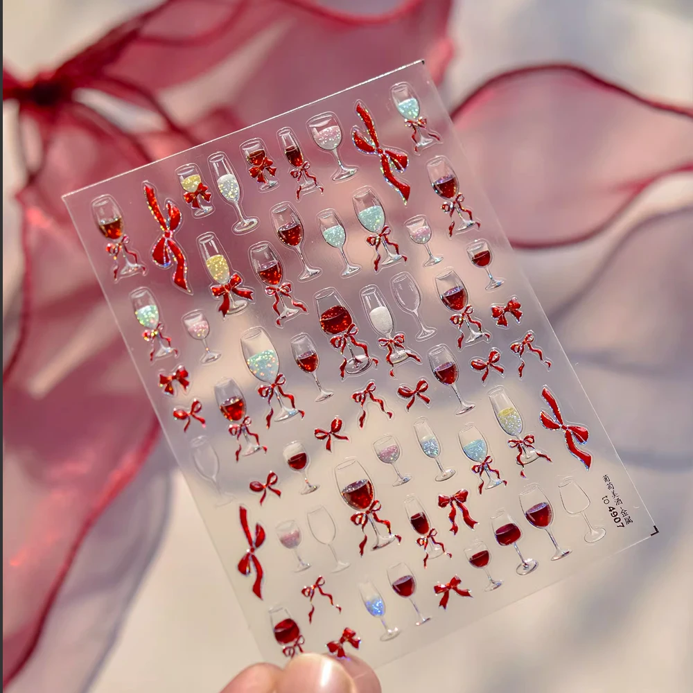 1 pièces 5D paillettes rouge arc verre à vin Nail Art autocollants brillant nœud papillon ruban gobelet ongles décalcomanies bricolage saint valentin Sexy ongles autocollants