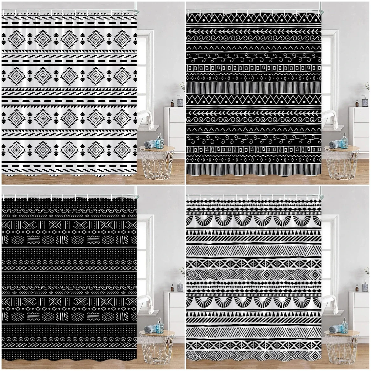 Boho Mandala Shower Curtains Black and White Striped Pattern Astrology Retro Bath Decorations Vintage Bohemian Bathroom Curtain