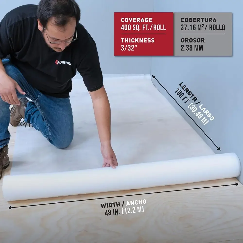 Foam Underlayment 400 sq. ft. Roll 48" x 100' Laminate & Engineered Wood Flooring Installation Comfort Cushioning Imperfections