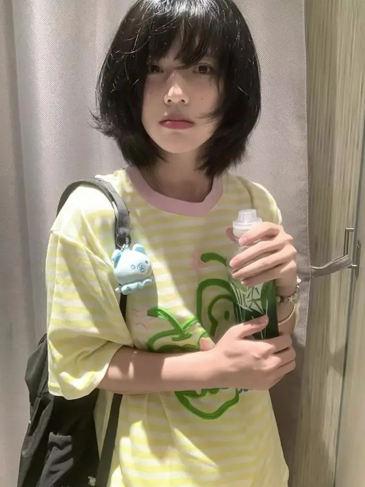 

Kimotimo Japanese Sweet Apple Embroidery Striped T-shirt Women Summer Casual Loose Short Sleeve Tops Vintage Y2k Aesthetic Tees