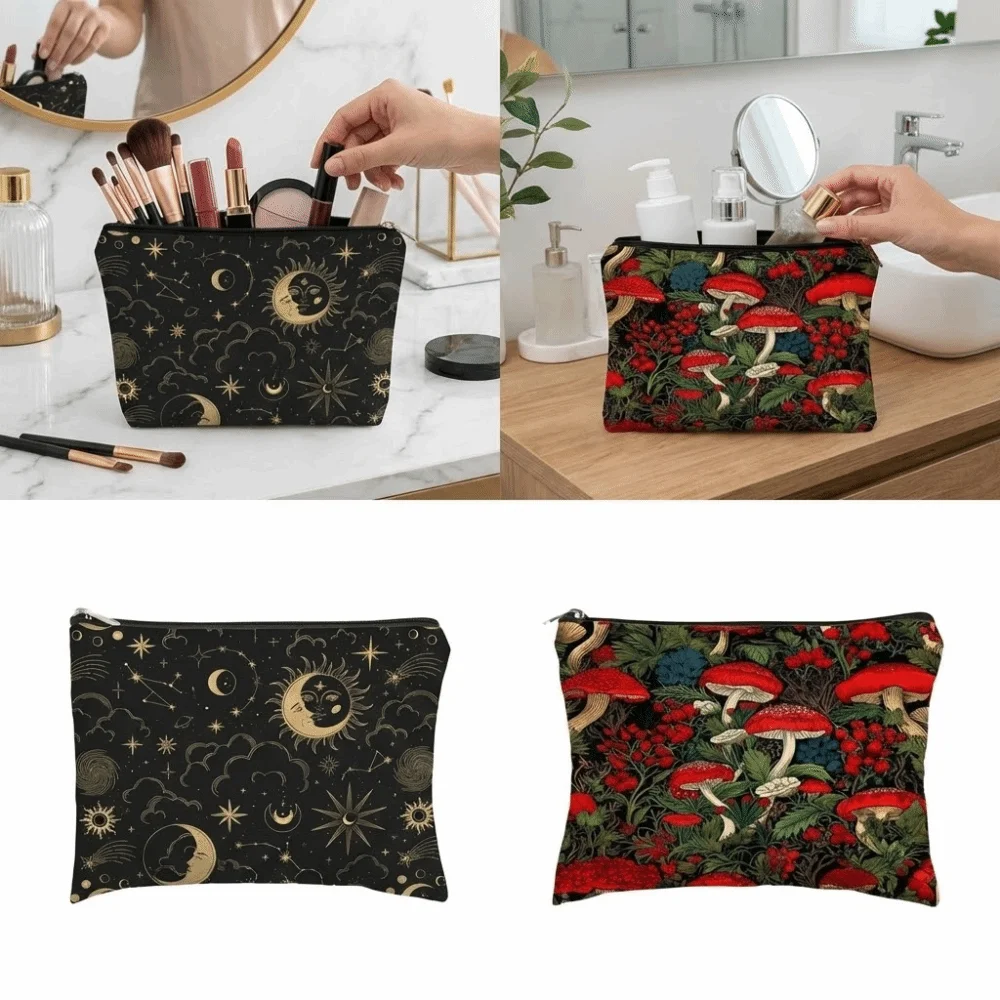 Nueva Bolsa de Maquillaje con Diseño de Hongo Rojo, Moderna y Portátil, Bolsa con Diseño de Bosque y Luna, Monedero Duradero, Regalo
