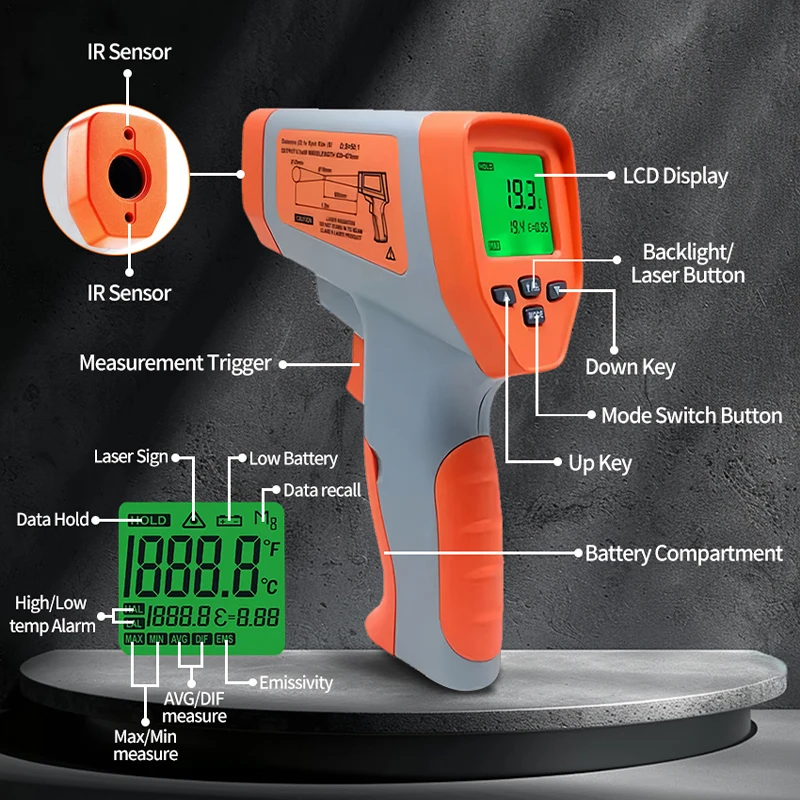 WENMEICE Infrared Laser Thermometer -50°C~1600°C Pyrometer Non Contact Digital Dual Laser Temperature Gun With Meat Thermometer