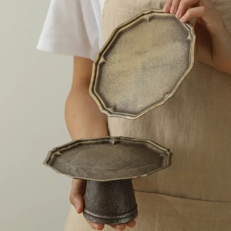 French Vintage Distressed High-legged Metal Tray Dessert Cake Fruit Plate Home Storage Japanese Plate Photography Props