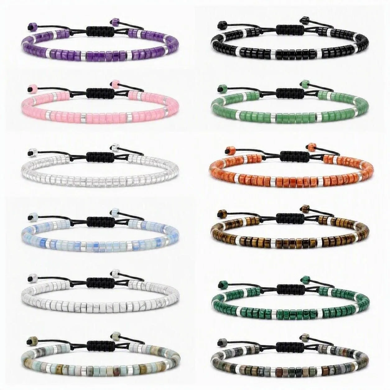 Dainty 4MM Gemstone Heishi Braided Bracelet with Silver Accent Spacer Beads Handmade Woven Stackable Bracelet for Women Daily