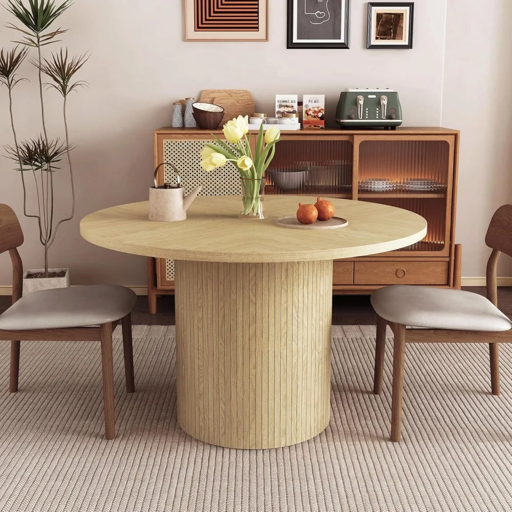 Round Dining Table for 4, Modern Farmhouse Kitchen Table, 47 Inch Small Circle Dining Tables with Wood Strip Base for Kitchen Li