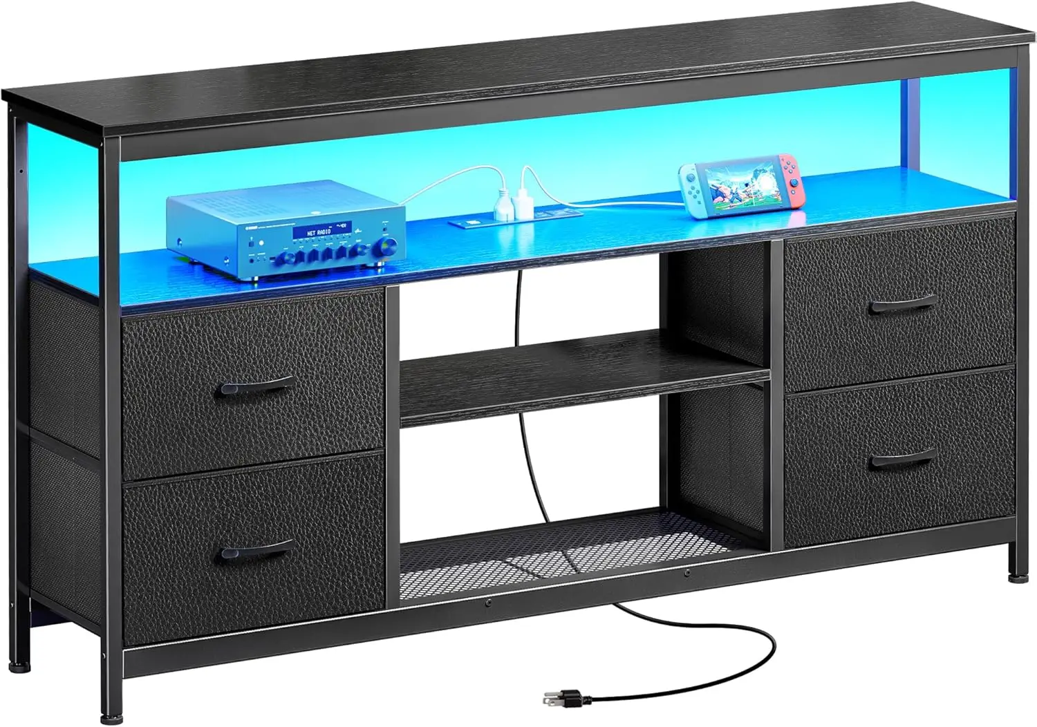 

54 Inch TV Stand with Power Outlets 4 Drawers LED Lights Media Console for 55 60 Inch TV Black PU Finish