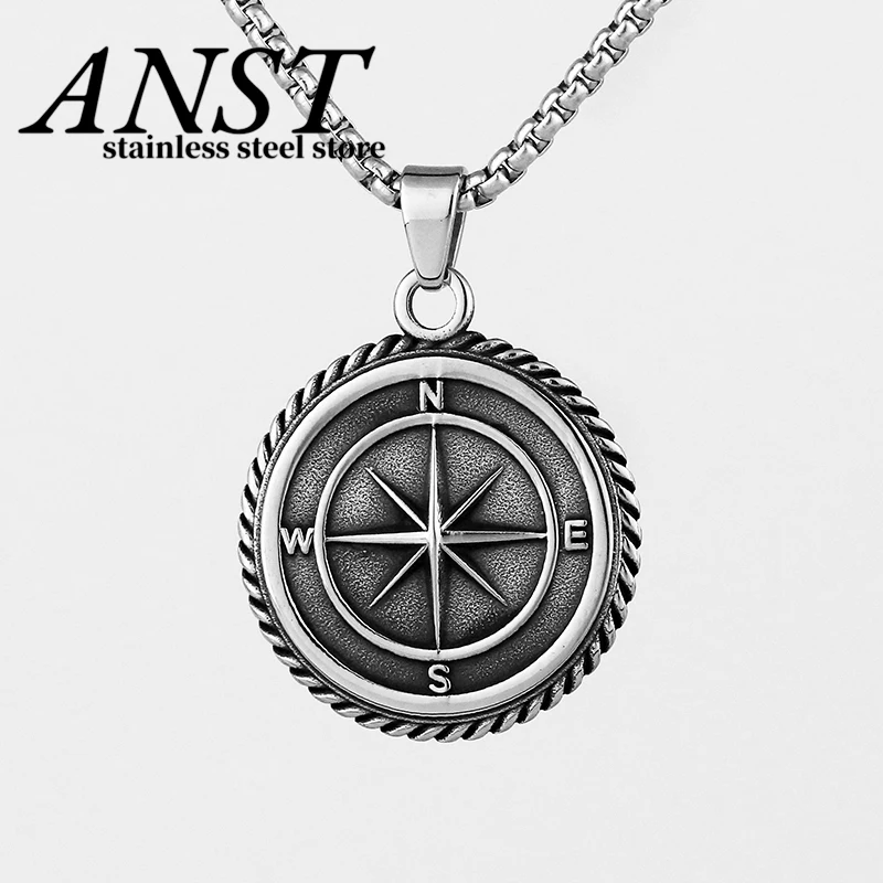 Fashion Layered Necklaces for Men, Sailing Travel Compass Pendant, Stainless Steel Cuban Figaro Wheat Chain, Casual Retro Collar