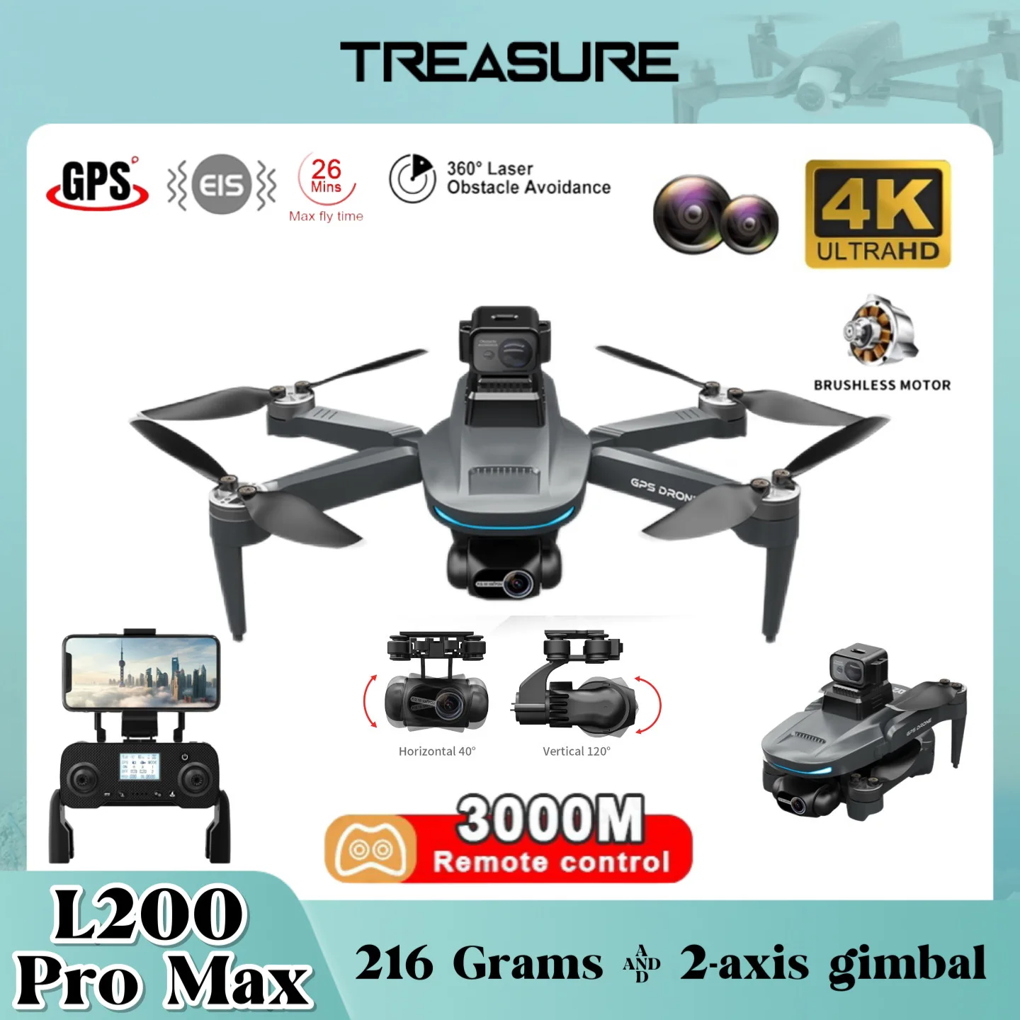 L200 PRO MAX Drone 4K Profissional Gimbal de 2 eixos 360 ° Evitar obstáculos Motor sem escova GPS Quadcopter FPV RC Drones