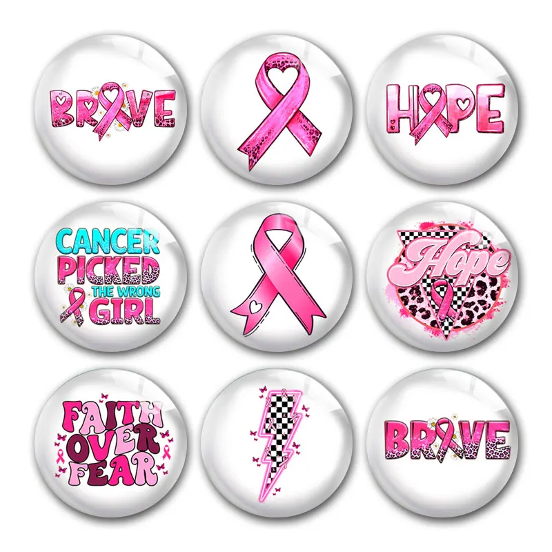 Pink Ribbon Breast Cancer Brave Faith Hope Round Photo Glass Cabochon Demo Flat Back For DIY Jewelry Making Supplies Snap Button