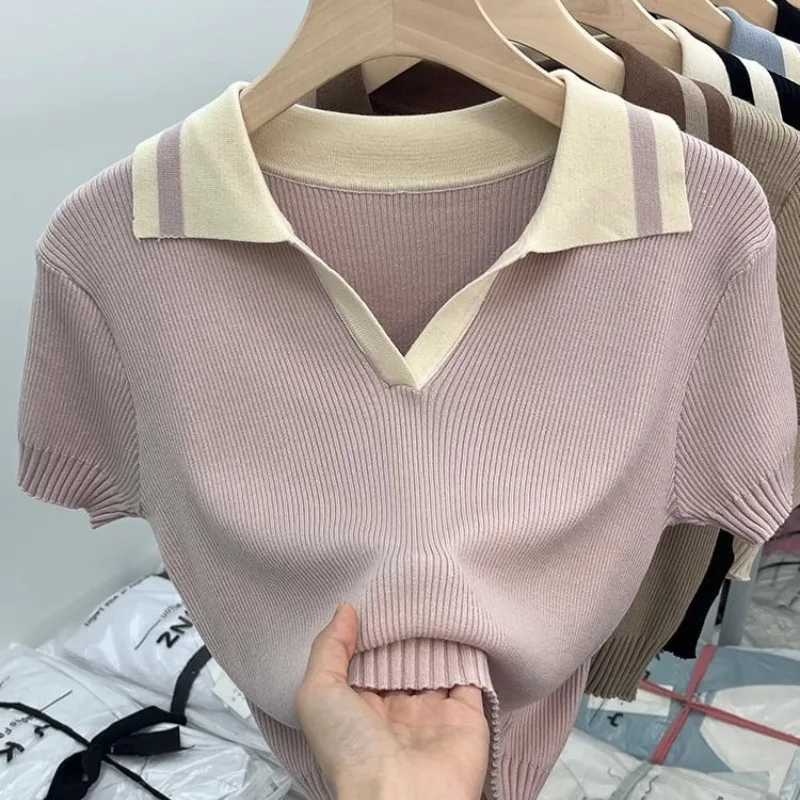 Women\'s 2024 Summer New Pullover POLO Collar Patchwork Screw Thread Fashion Solid Color Elegant Casual Knitted Short Sleeved Top