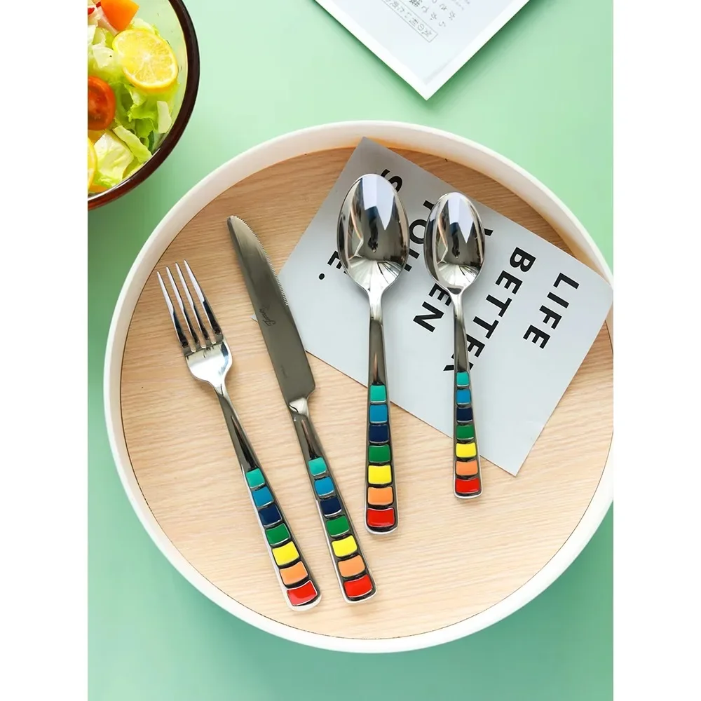 Macaroon color Western tableware stainless steel high-end eating steak cutlery spoon colorful enamel children's tableware.