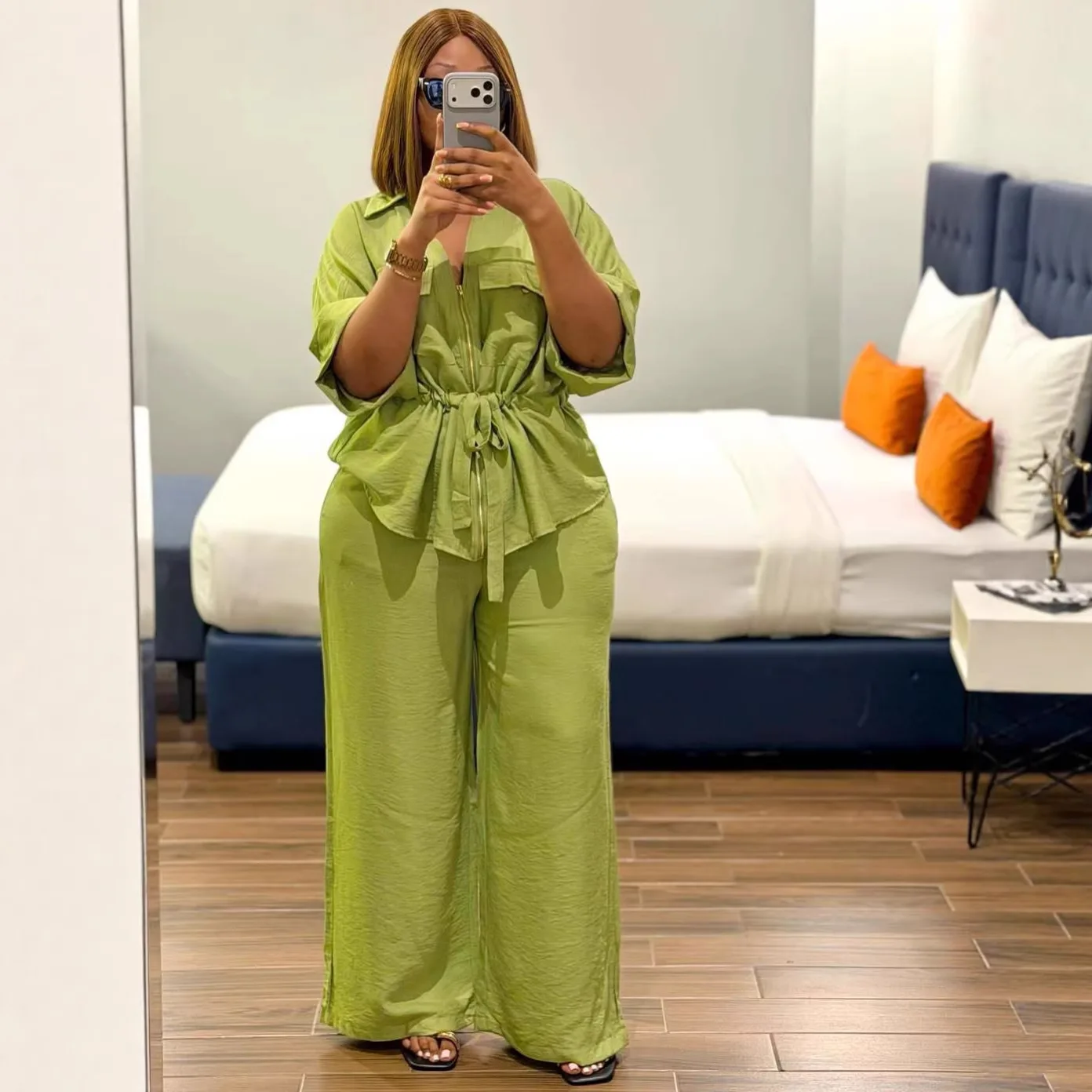 2026 New African Fashion Women Casual Two Piece Set Lace Up Slim Waist Zipper Up Blouse Top and Pants Set for Female