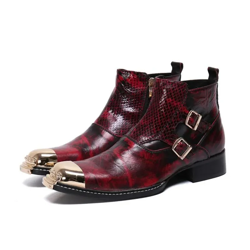 Botines Chelsea con correa de hebilla roja para hombre, zapatos de trabajo con punta de acero dorada, zapatos de cuero para vestir, botas con cremallera lateral y tacón medio