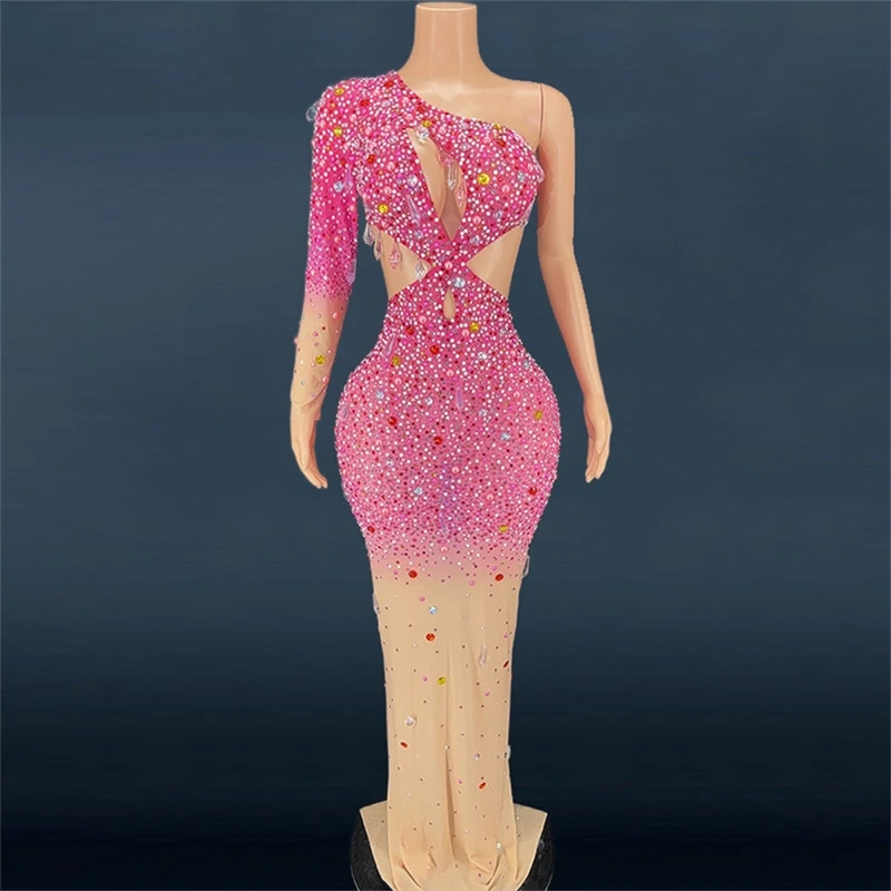 

Stock 2025 Women Sexy One Shoulder Hollow Out Big Crystal Bodycon Long Dress Celebrate Nightclub Party Bar Singer Birthday Dress