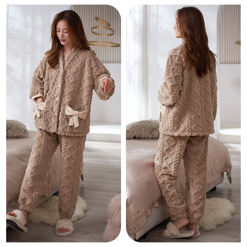 Thick Plush Coral Fleece Pajamas Women Warm Flannel Jacquard Long Sleeved Autumn And Winter Home Service Suit Pyjamas Mujer 3XL