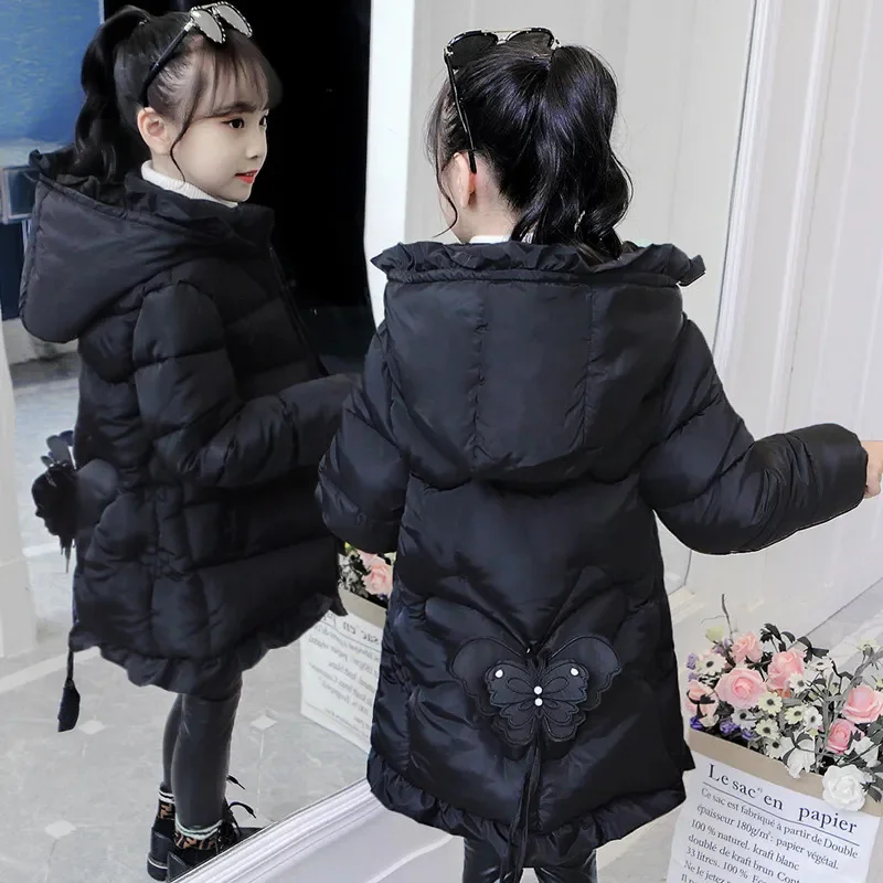 Girls Jacket Winter Thick Hooded Warm Cotton Coat Long Children Clothing Outwear 3-12 Years TZ527