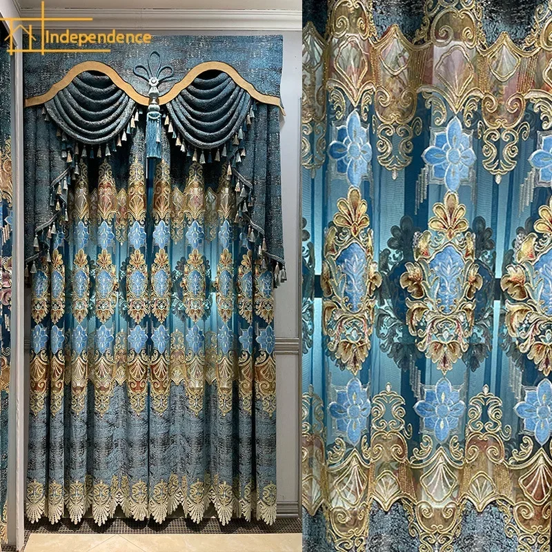 

High-end Blue Chenille Hollowed Out Embroidered Window Curtains for Living Room Bedroom French Window Villa Customization