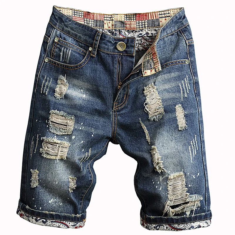 2024 Summer New Men\'s Retro Split Short Jeans Street Wear Worn Hole Slim Fit denim shorts Beggar Trendy Middle Pants Retro Blue