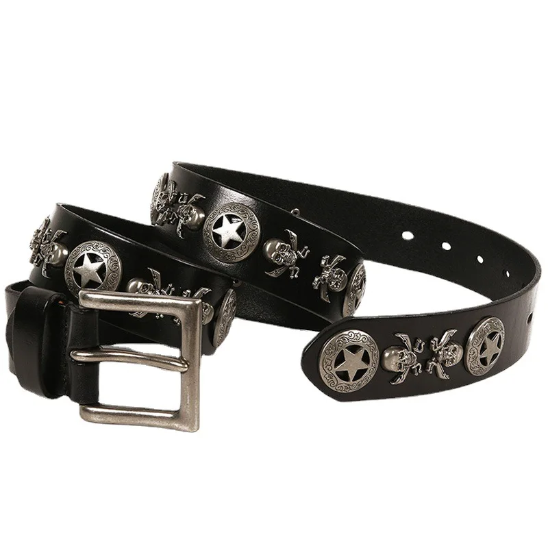 Fashion Black Genuine Leather Belts For Man Punk Gothic Casual Plus Size Waist Straps Top Layer Cowhide Rivets Belts