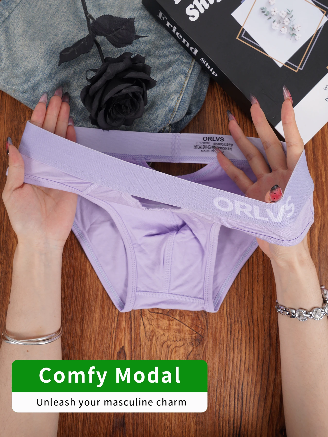 

1 PCS Men's Modal Briefs, ORLVS Letter Print Wide Waistband Convex Pouch with Front Cutout Soft Breathable Low Rise Underwear