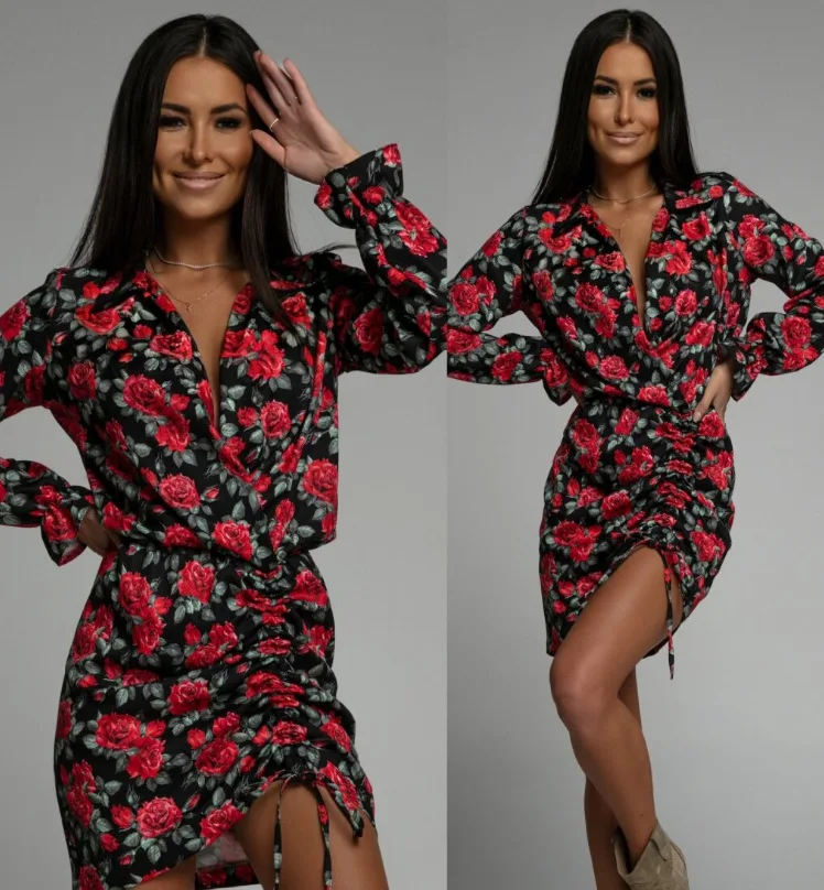 

Autumn and Winter New Women's Dress Floral V Neckline Print Lapel Drawstring Short Dress Street Sexy Fashion Dress