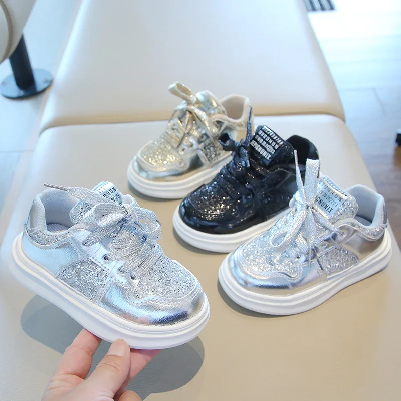 Girls Boys Spring Autumn Sequin High-Top Sneakers Breathable Non-Slip Soft-Soled Baby Shoes Trendy Casual Kids Shoes Children