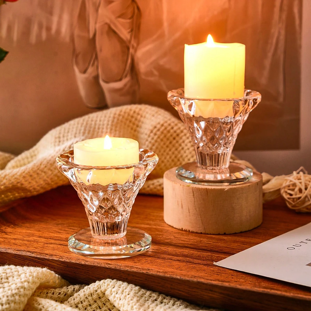 1PC, modern diamond-patterned crystal glass candlestick, 2.1*2.3 inch glass material small round candle candlestick