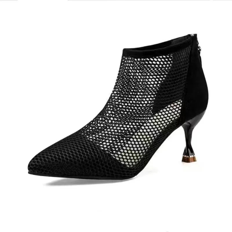 2022 Summer New Sexy Pointed Toe Thick Heels High Heels Women Baotou Hollow Breathable Mid-top Rear Zipper Women's Sandals