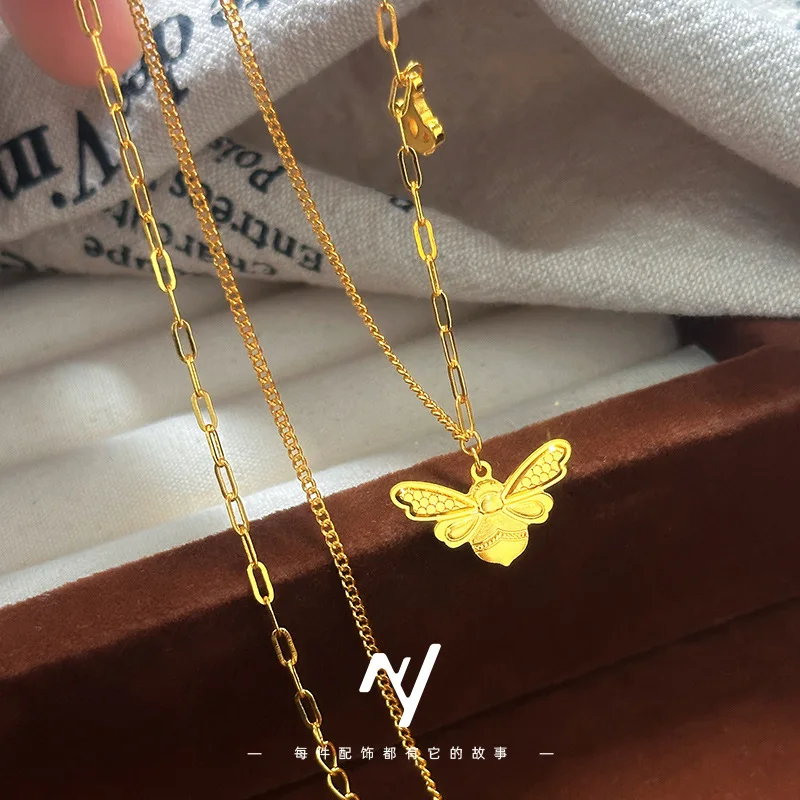 

9999 24K Real Gold Light Luxury Design Sparkling CNC Honeycomb Bee Set Chain Exquisite Female Bee Clavicle Necklace
