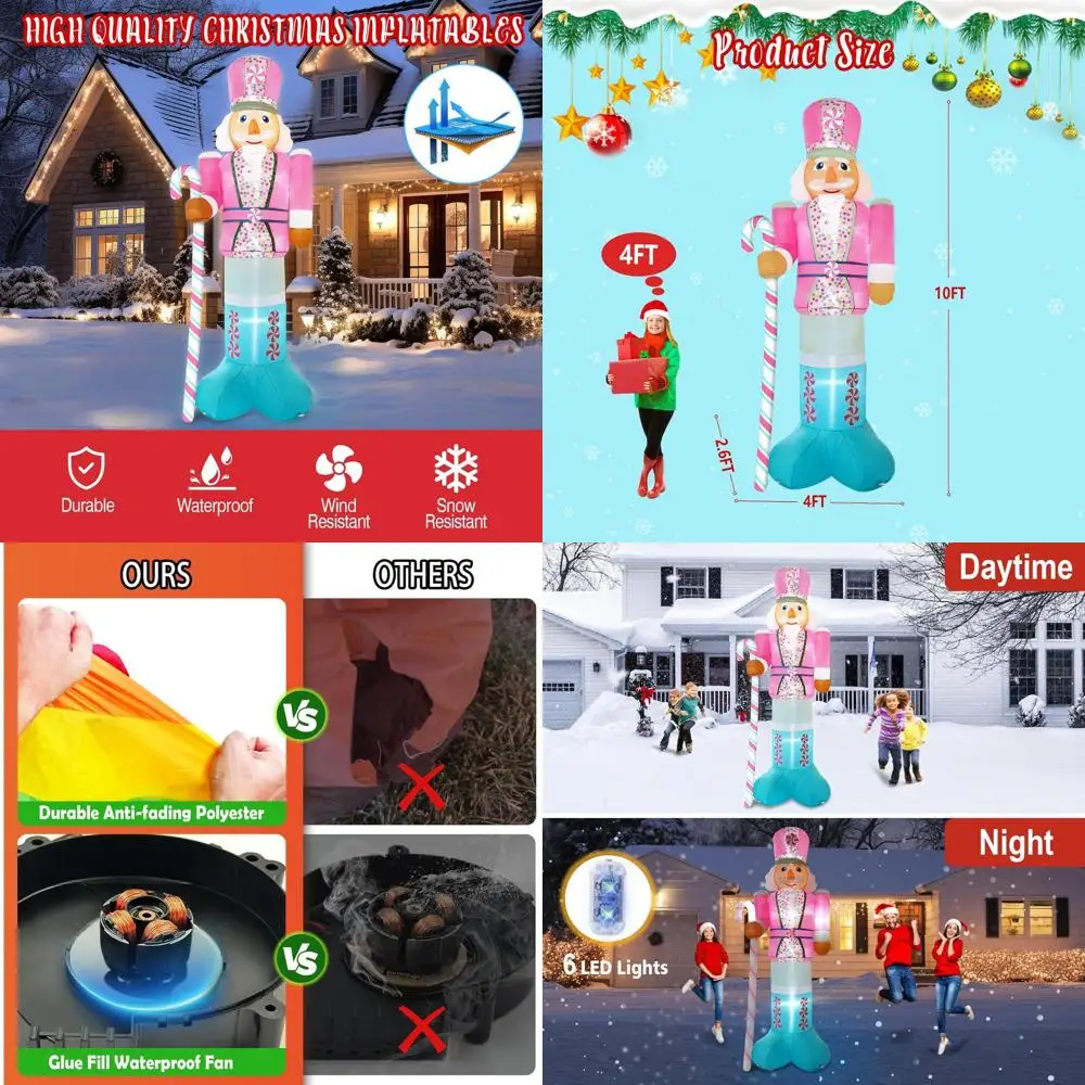 

6-LED Pink Nutcracker Inflatable with Candy Cane, 10FT Tall Outdoor/Indoor Christmas Decor, Xmas Gift
