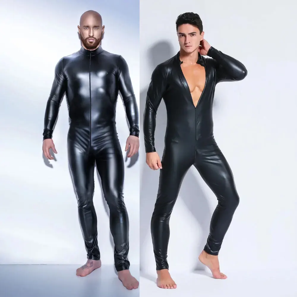 

Men's Wetlook Faux Leather One Piece Skin Bodysuit Double Zipper Open Crotch Tights Catsuit Suit Male Fetish Costume Clubwear